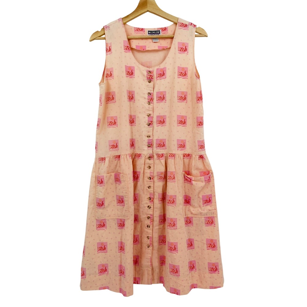 Vintage Dress Womens Large Peach Swan Print Button Front Cotton Sleeveless Midi